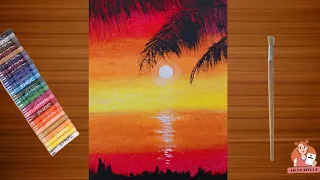 How To Draw Sunset Scenery With Oil Pastel Color / Sunset Drawing