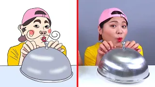 Real Makeup VS Chocolate Makeup Challenge 먹방 초콜릿 화장품 챌린지 DONA 도나 - Mukbang DOODLES MEME (part 1)