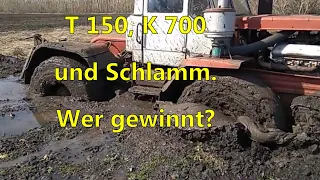 Tractor T150 stuck in mud! Powerful tractors K 700 Kirovets and T 150 stecken in schlam.