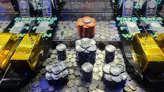HUGE STACK OF $10K POKER CHIPS IN COIN PUSHING MADNESS!
