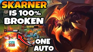 Skarner is the most broken champ right now. Even in Mid lane.