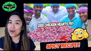 2000 CHICKEN HEARTS FRY | Spicy Hearts Recipe Cooking in Village | Reacion!