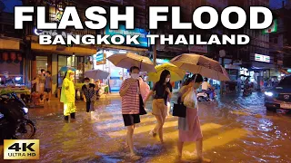 [4K] Flooding in Bangkok, Thailand 🇹🇭 Walking Sathorn area in the Rain