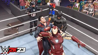 IronMan & Captain America vs Superman & Batman | Marvel Heros Vs Dc Heros Match - WWE 2K23 PS5 [4K]