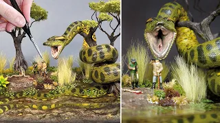 MONSTER ANACONDA SNAKE Stalks Everglades Python Hunters, Diorama, Polymer Clay, Resin Art