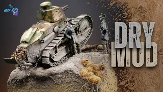 Watch how to make mud for model tanks spectacularly! Meng FT17 trench diorama at final weathering.