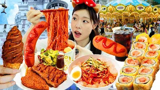 ASMR MUKBANG| Korean Amusement park (Spicy Chewy noodles, Churros, Ice cream, Corn dog, Kimbap).