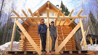 Building A Log Cabin | Ep. 53 | Finally spring! Using green logs to build our front porch roof