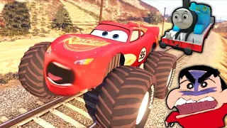 Thomas Train VS Lightning Mcqueen Car in GTA 5 [Hindi] | Shinchan Car Want To Stop Thomas Train