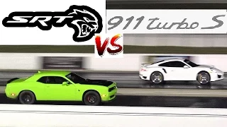 840 HP HELLCAT vs Tuned PORSCHE 991 TURBO S - 1/4 mile Drag Race - RoadTest®