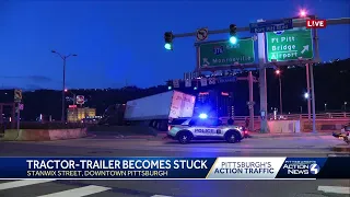 Stuck tractor-trailer in Downtown Pittsburgh