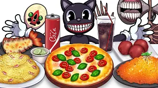 Mukbang Animation Basil pesto pizza food set eating Cartoon cat