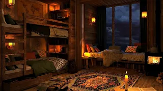 Cozy Cabin Ambience with Gentle Night Rain and Crackling Fireplace Sounds | 8 Hours