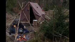 Winter Bushcraft Camping in Heavy Overnight Snowstorm - Canvas Wall Tent - Blizzard - Off Grid