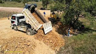 Incredible New Project Starting With Operator Skills Bulldozer Pushing Dirt & Dump Truck Unloading