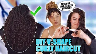 HAIRSTYLIST TEACHES MED STUDENT HOW TO CUT A V-SHAPE HAIRCUT ON CURLY HAIR (long layers)