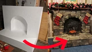 Carving a lifesize fireplace from polystyrene (Styrofoam)