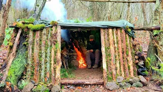 Bushcraft Shelter with Fireplace - Moss and wooden wall, Survival Winter Camping in the  Wild, Diy