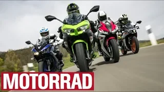 Honda CBR 500 R vs. Kawasaki Ninja 400 vs. KTM RC 390 vs. Yamaha YZF-R3 (with subtitles)