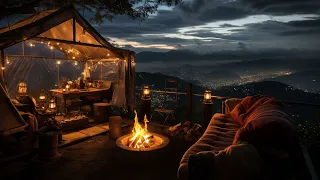 Relaxing Fireplace Sunset 4K | Beautiful Campfire Ambience with Serene Mountain Views | Resting Area