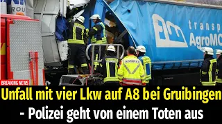 Unfall mit vier Lkw auf A8 bei Gruibingen - Polizei geht von einem Toten aus