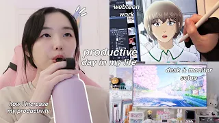 WEBTOON VLOG | PRODUCTIVE DAY IN MY LIFE: new desk setup & monitor, organizing, work & draw with me