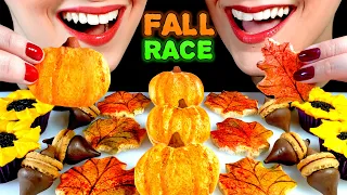 ASMR FALL RACE, PUMPKIN MACARONS, MAPLE LEAF COOKIES, SUNFLOWER OREO CUPCAKES, HERSHEY KISSES ACORNS