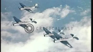 US Navy TBM Avenger aircraft flying in formation off the coast of Iwo Jima during...HD Stock Footage