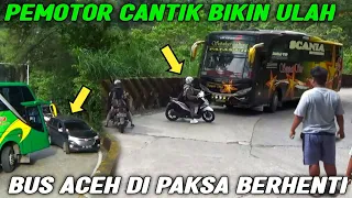 Mendebarkan!!! Aksi Nekat Pemotor Cantik Bikin Bus Sempati Star Asal Aceh Terhenti Di Sitinjau Lauik