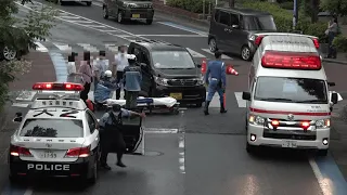 歩行者妨害を取締った直後の覆面パトカーの目の前で人身事故が発生！一部通行止めにし救急車・パトカーが駆け付け救急搬送・現場検証・事故処理を終えるまでの全記録！