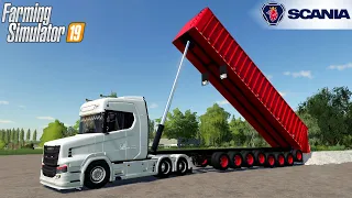 Farming Simulator 19 - SCANIA S730T And Oversized Trailer 8 Axle Unloads The Stone