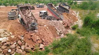 Back To Big Filling Project ! Excellent Expertly Komatsu Dozers Push Stone Mixed Rock To Filling