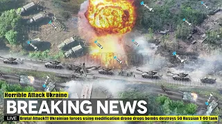 Brutal Attack!!! Ukrainian forces using modification drone drops bombs destroys 50 Russian T-90 tank