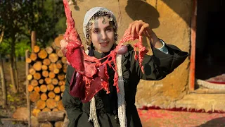 Cooking whole korma heart and liver on a snowy autumn day of our village! iran village lifestyle