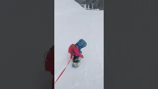 2 year old snowboarding. Burton Riglet MDXONE harness