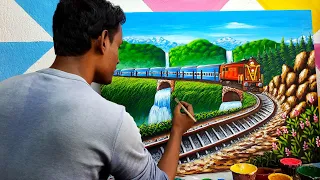 Train scenery drawing painting | mountain nature painting | easy paint  with biswanath