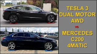 SLIP TEST - EV & ICE - Tesla Model 3 Dual Motor AWD vs Mercedes C200 4Matic - @4x4.tests.on.rollers