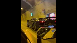 Black Lamborghini Aventador SVJ cool sound in tunnel