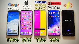 Google Pixel 4 XL vs iPhone 11 Pro MAX vs Note 10 Plus vs OnePlus 7T Pro - Battery Drain Test!