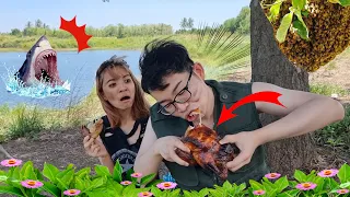 eat honeycomb food, hit the beehive, eat piranha #Mukbang Wild Survival Food Challenge: Kunti