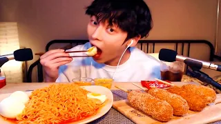 ASMR FOOD SAMYANG FIRE NOODLES BOILED EGGS AND KOREAN CORN DOGS MUKBANG!! NO TALKING!!