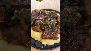 Butter garlic steak bites and mashed potatoes