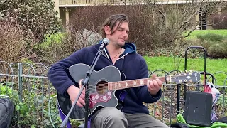 James Hood from Celtic folk band Miss Heard Words busking in Brighton Royal Pavilion.