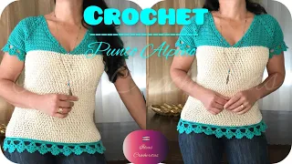 BLUSA A CROCHET cuello en V y, en punto Alpino👍Crochet V-neck blouse/all size/toda tallas💐