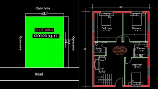 3 BHK House Plan on 1200 sq. ft. Plot.