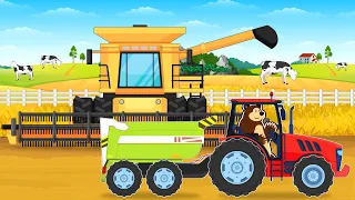 Tractor and Combine Harvester Work Hard Harvesting a Wheat Field | The Bear Farm Animated