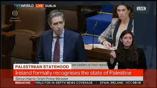 Irish PM Simon Harris officially announces recognition of Palestinian state at an event in Dublin