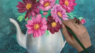 One Brush Challenge! How to Paint a Teapot with Flowers Acrylic Painting LIVE Tutorial