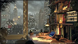 New York Manhattan view Study Room Ambience with Rolling Thunderstorm Rain Sounds