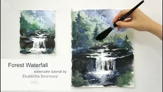 Forest waterfall. Advance watercolor tutorial